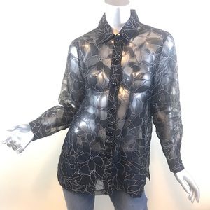 Draper’s & Damon’s Small Black Long Sleeve Blouse Semi Sheer White Trim